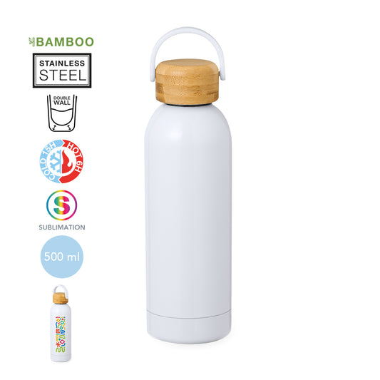 Garrafa Térmica Inox branco e Tampa Bambu - 500ml
